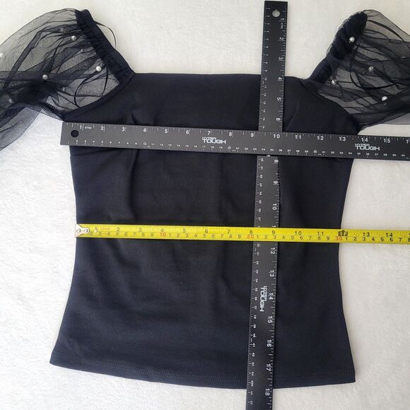 Black Sheer Puff Sleeve Pearls Preppy Breakfast At Tiffanys Classy Top Sz XS NWT - Picture 5 of 7